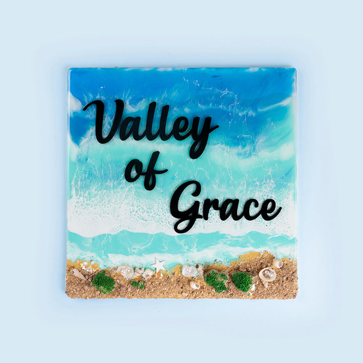 Handcrafted Resin Beach Vibes Name Plate - Top-down View Showing Text Design