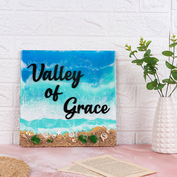 Handcrafted Resin Beach Vibes Name Plate - Front View Standing on Surface