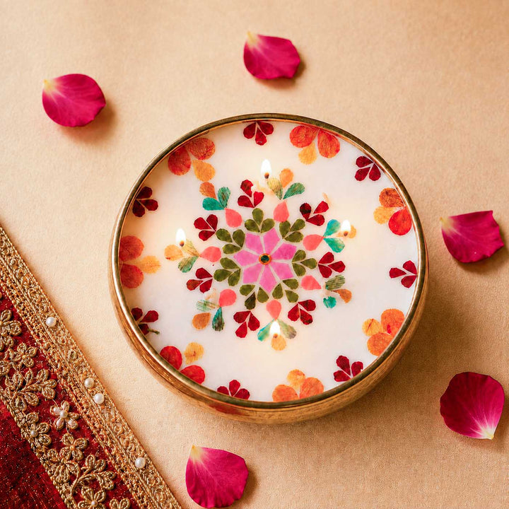 5 Inch | Handmade Pressed Flower Decorative Brass Urli Diya | Packed in a Gift Box