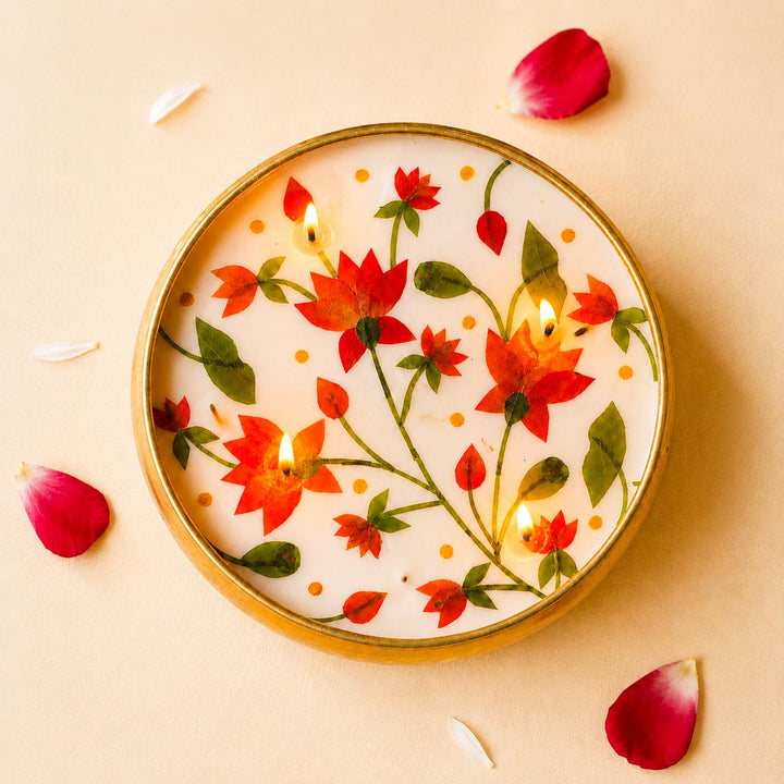 6 Inch | Handmade Pressed Flower Decorative Lotus Theme Brass Urli Diya | Packed in a Gift Box
