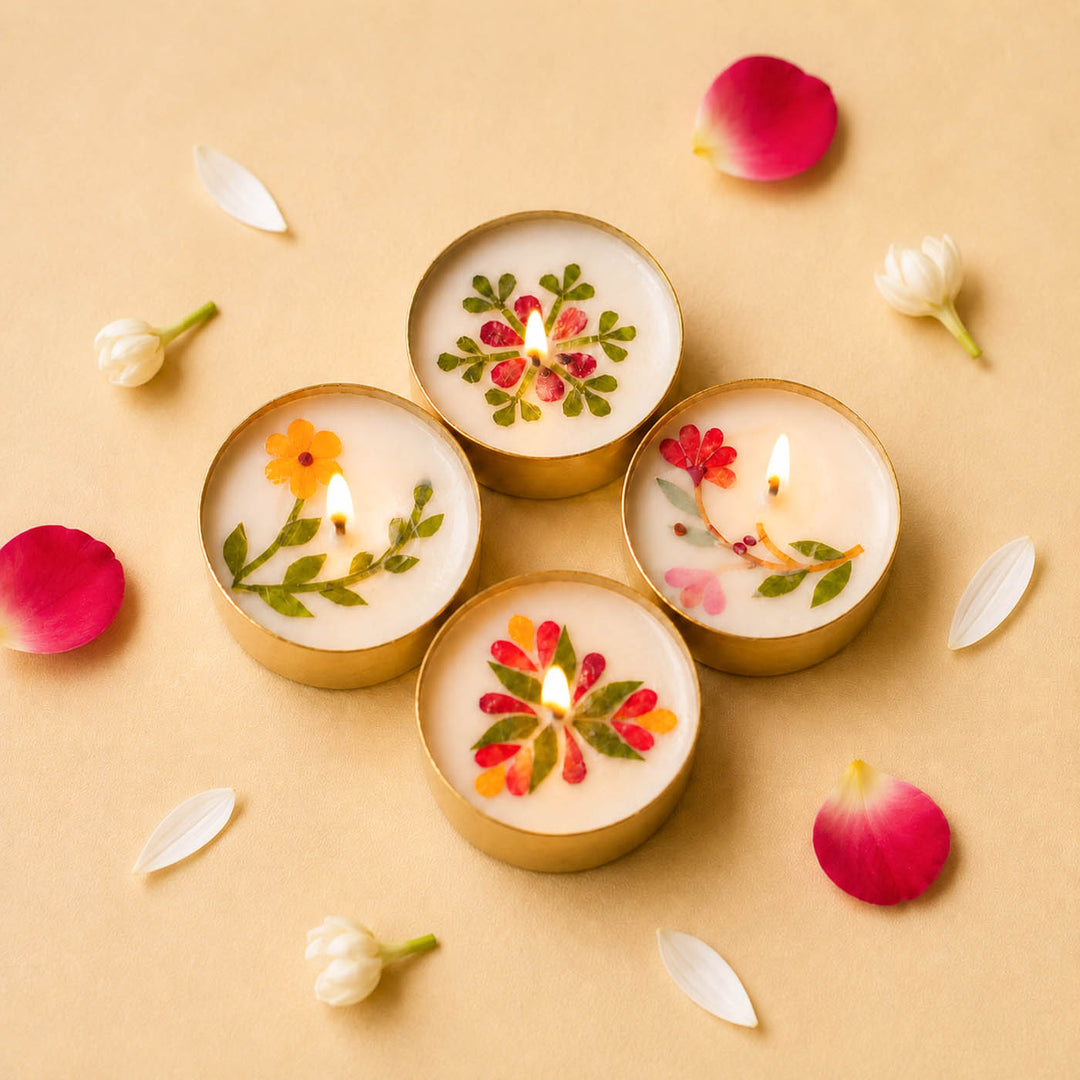 Set of 4 | Handmade Soy Wax & Pressed Flower Diyas/Candles With Elegant Brass Box For Festive Celebrations