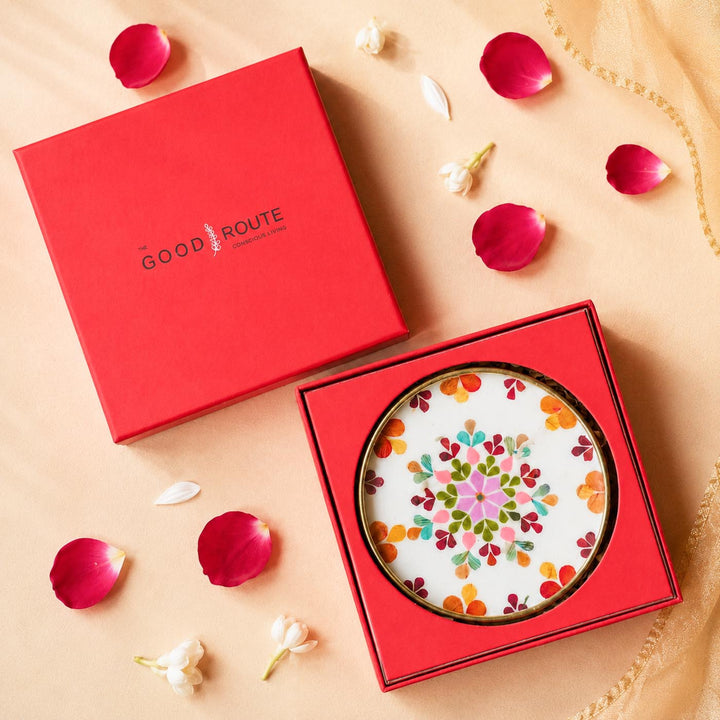 5 Inch | Handmade Pressed Flower Decorative Brass Urli Diya | Packed in a Gift Box