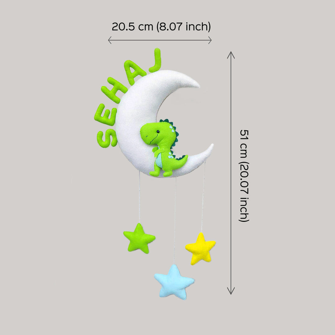 Handmade Personalized Dino On Moon Felt Kids Name Hanging With 3D Letters - Dimension Chart Front View