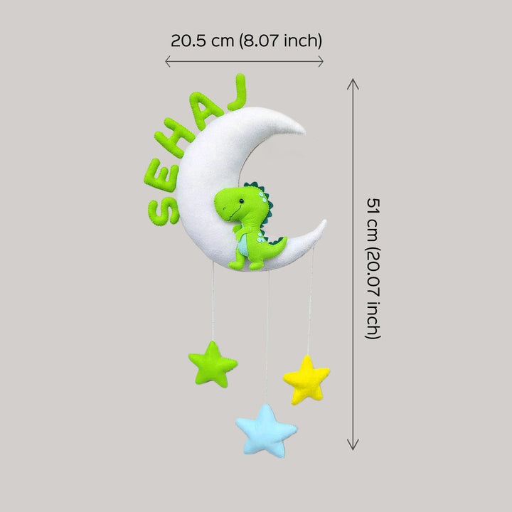 Handmade Personalized Dino On Moon Felt Kids Name Hanging With 3D Letters - Dimension Chart Front View