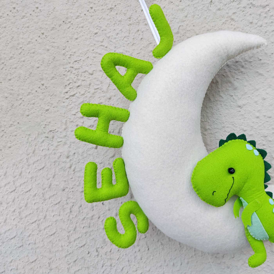 Handmade Personalized Dino On Moon Felt Kids Name Hanging With 3D Letters - Hanging Side View Showing Name