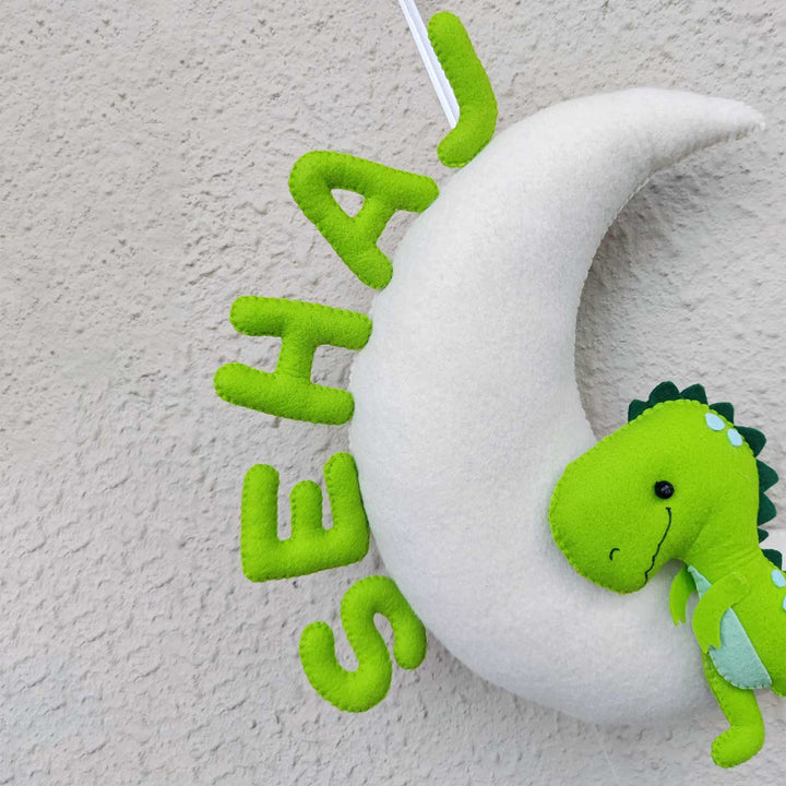Handmade Personalized Dino On Moon Felt Kids Name Hanging With 3D letters