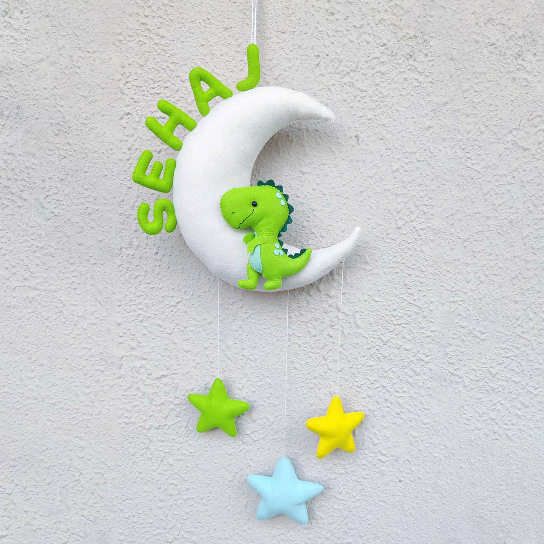 Handmade Personalized Dino On Moon Felt Kids Name Hanging With 3D Letters - Hanging Nursery Decoration Front View