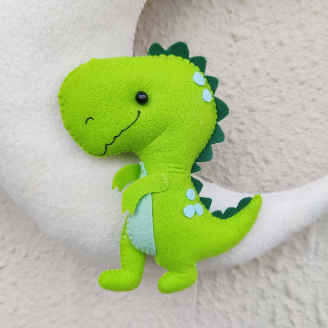 Handmade Personalized Dino On Moon Felt Kids Name Hanging With 3D Letters - Side View Showing Plush Texture