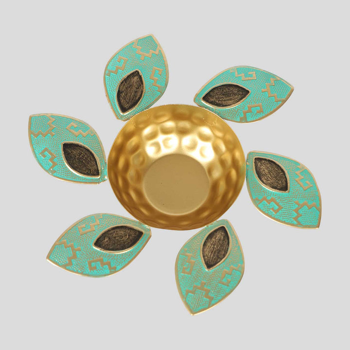 Handmade Green & Gold Leaves Shaped Urli | Set of 2