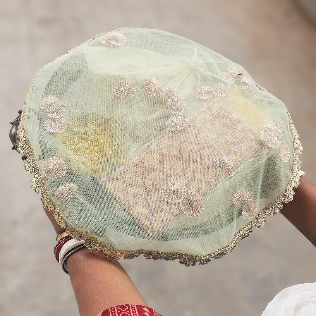 Decorative Shagun Tray Cover With Floral Gota Motifs For Festive Decor