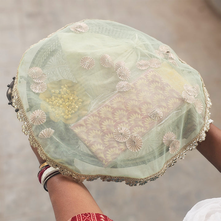 Decorative Shagun Tray Cover With Floral Gota Motifs For Festive Decor