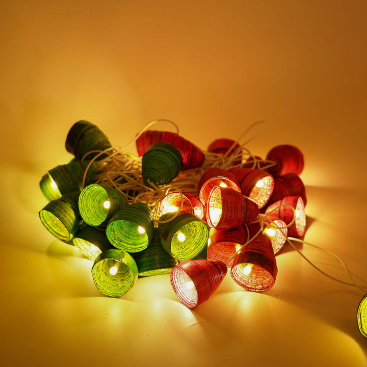 Upcycled Newspaper Indian Fairy Lights - Pink & Green