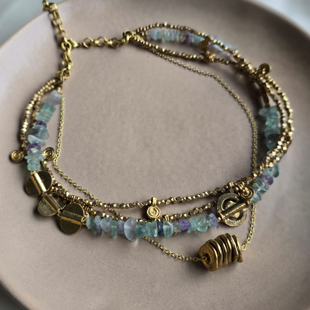 Handmade Green Fluorite Layered Brass Short Necklace