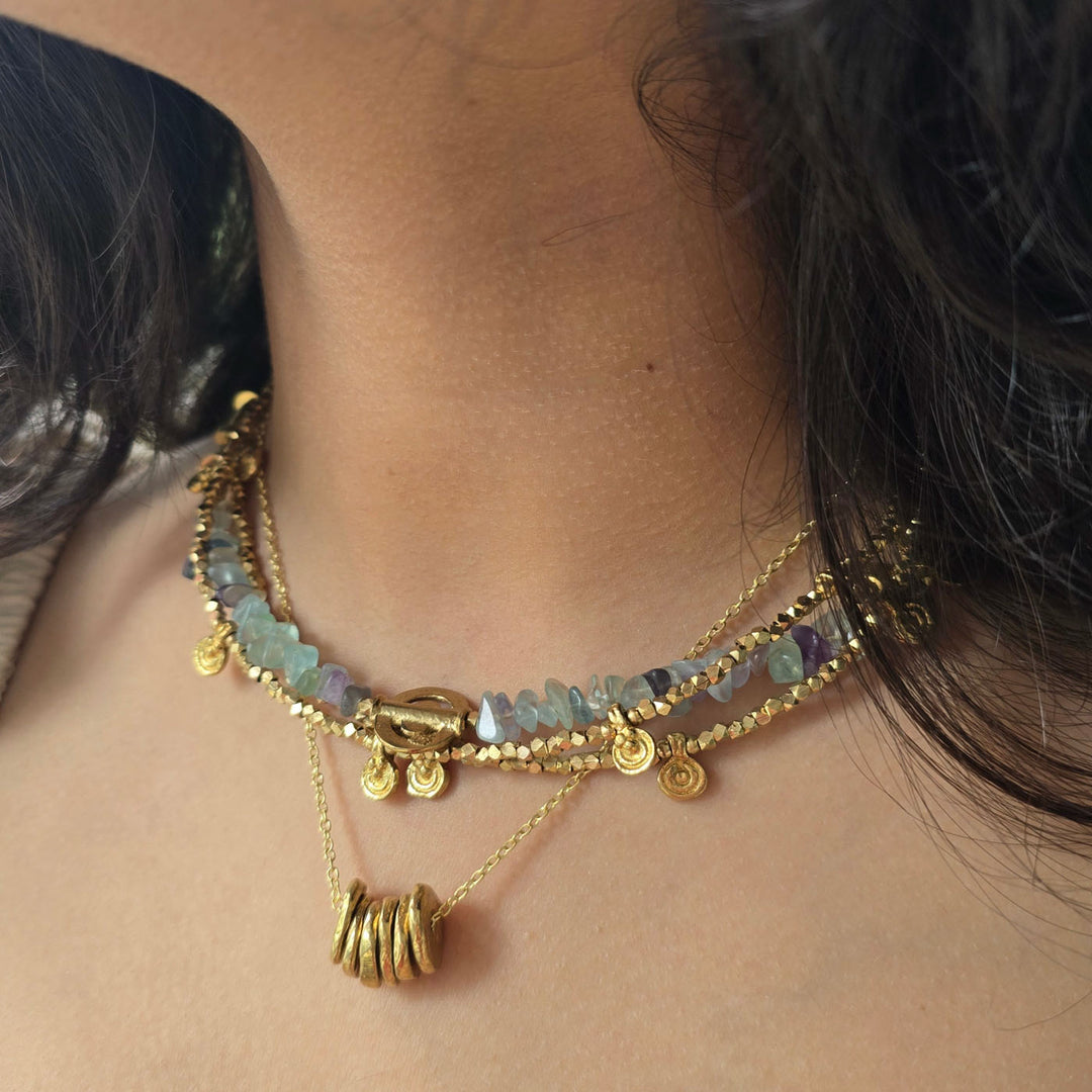 Handmade Green Fluorite Layered Brass Short Necklace