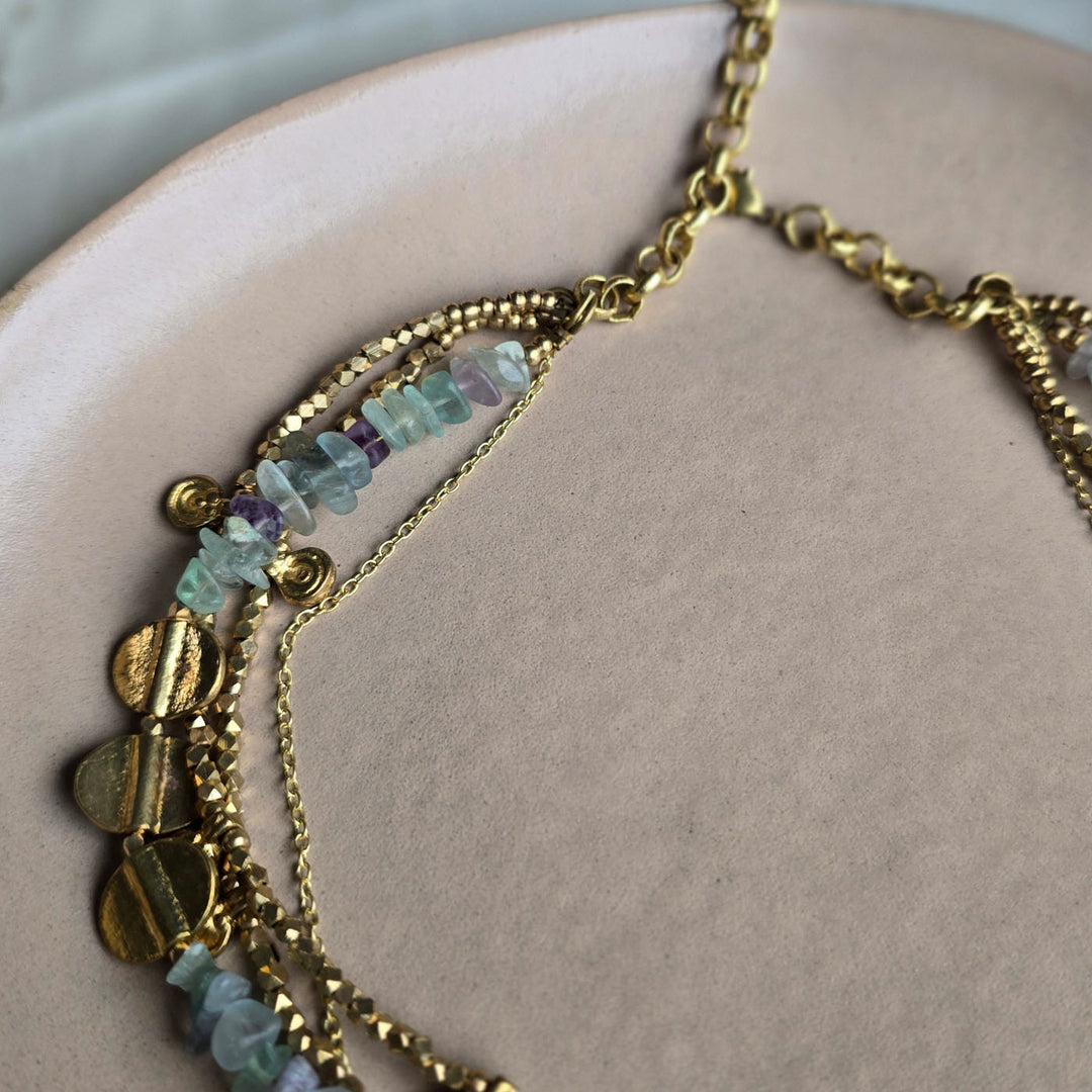 Handmade Green Fluorite Layered Brass Short Necklace