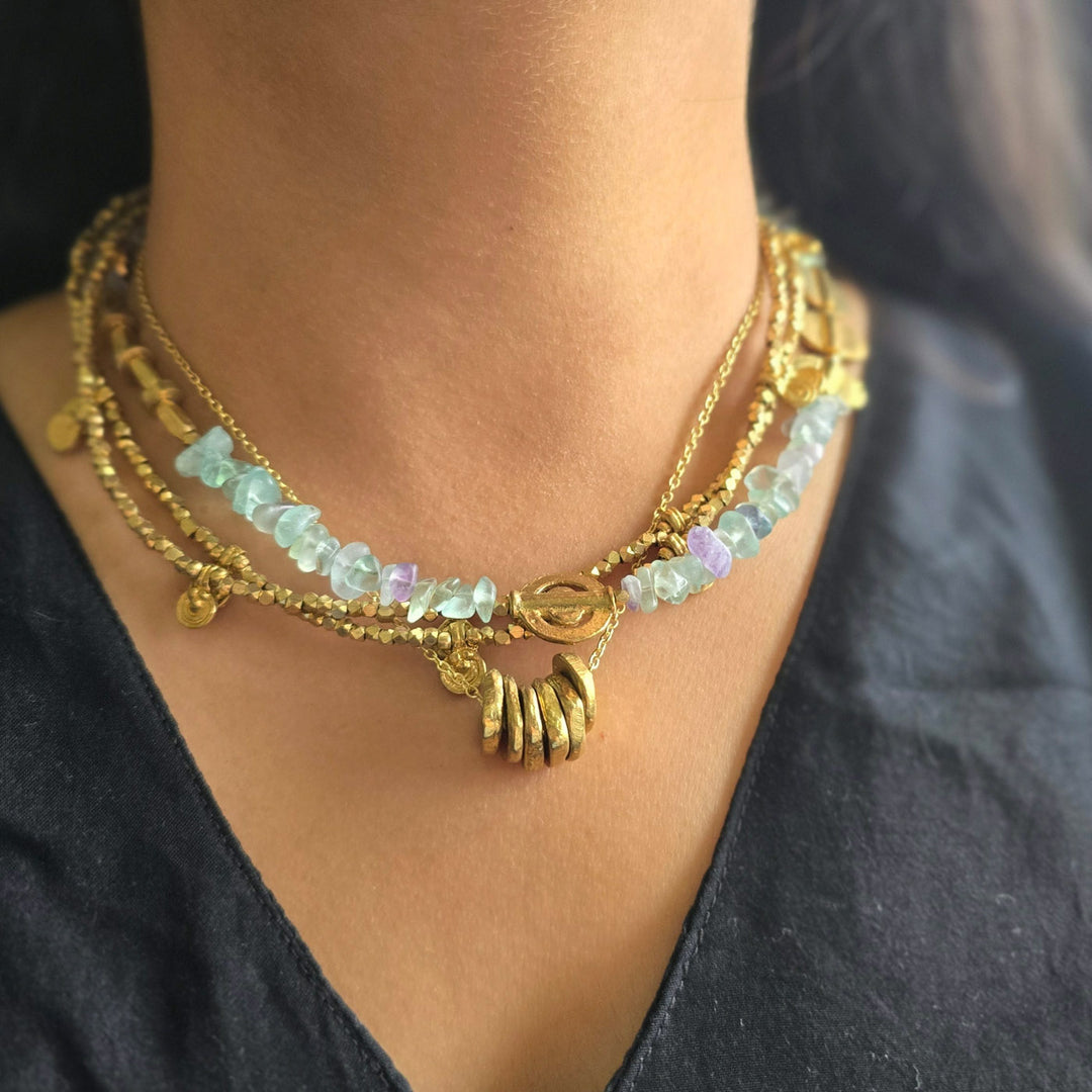 Handmade Green Fluorite Layered Brass Short Necklace
