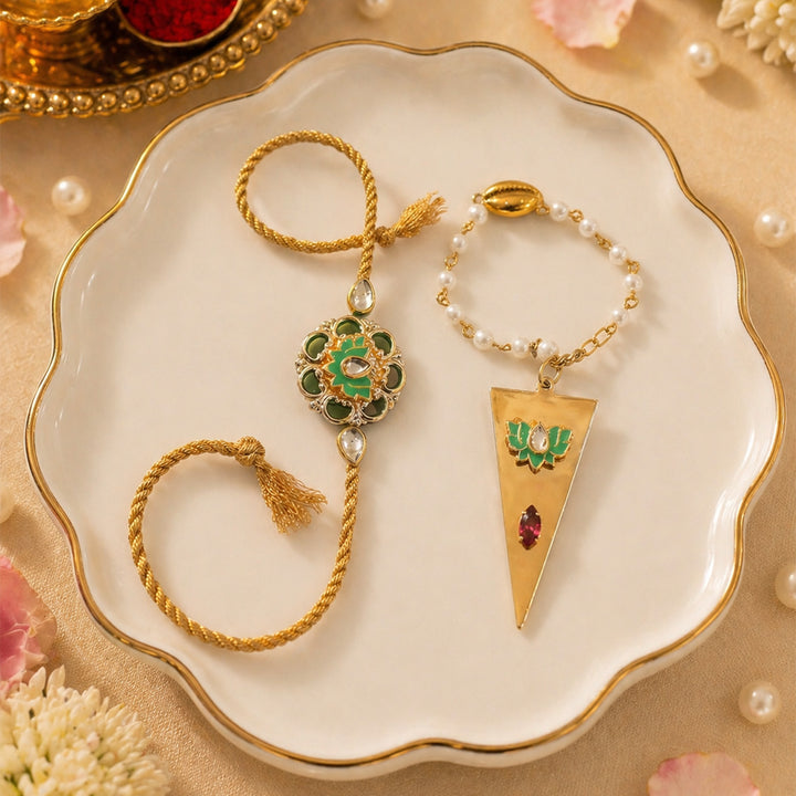 Green Lotus Pearl Lumba Bracelet Rakhi Set With Roli Chawal For Bhaiya And Bhabhi