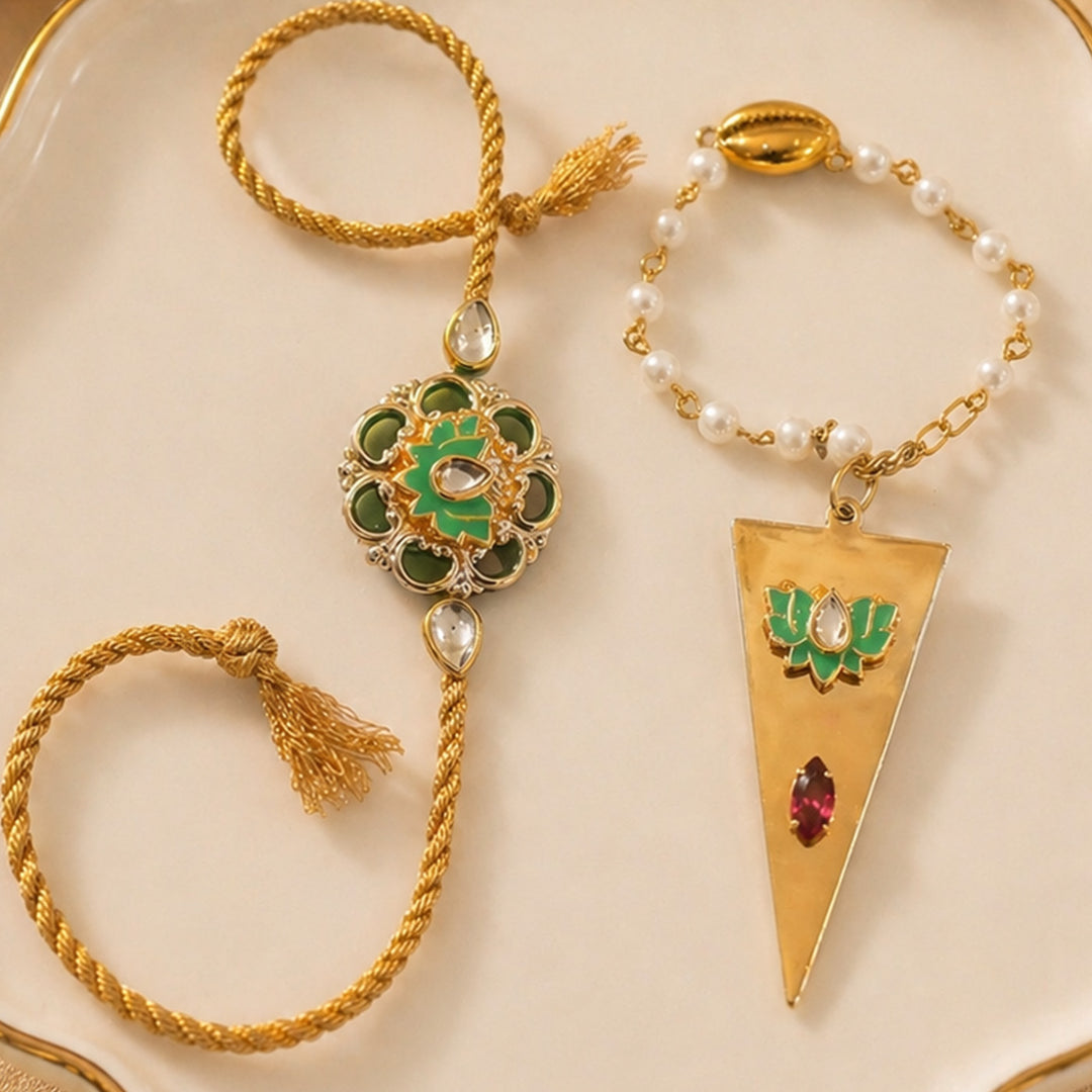 Green Lotus Pearl Lumba Bracelet Rakhi Set With Roli Chawal For Bhaiya And Bhabhi
