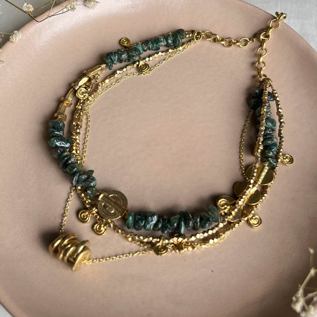 Handmade Green Maize Layered Brass Short Necklace