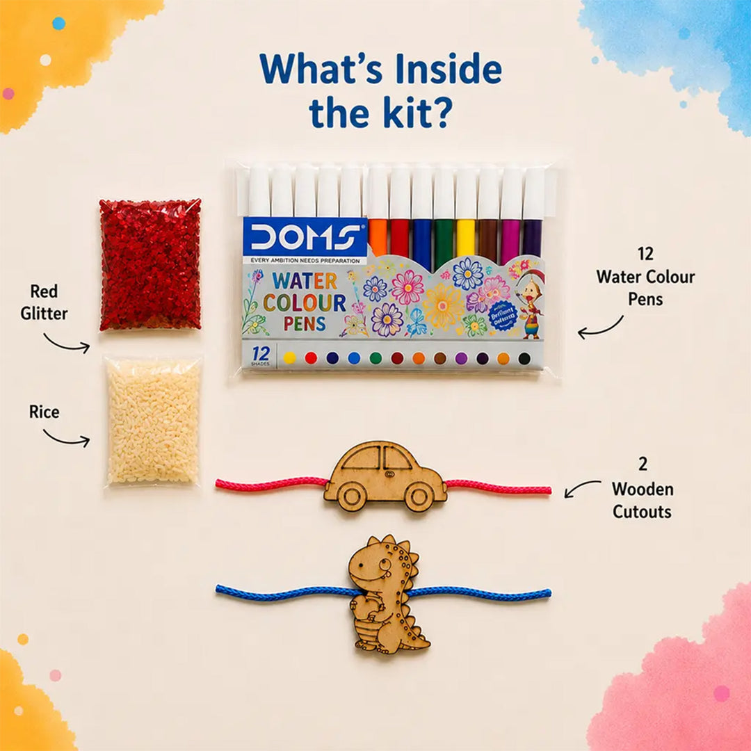 Paint-Your-Own Wooden Rakhi DIY Kit With Kumkum & Chawal | Set Of 2 | For Kids