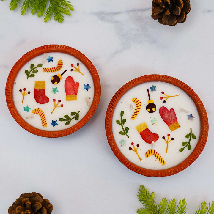 Handmade Soy Wax & Pressed Flower Terracota Candles For Christmas Decoration | Set Of 4