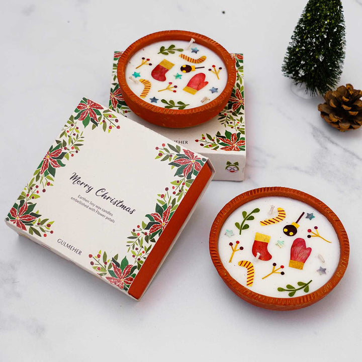 Handmade Soy Wax & Pressed Flower Terracota Candles For Christmas Decoration | Set Of 4