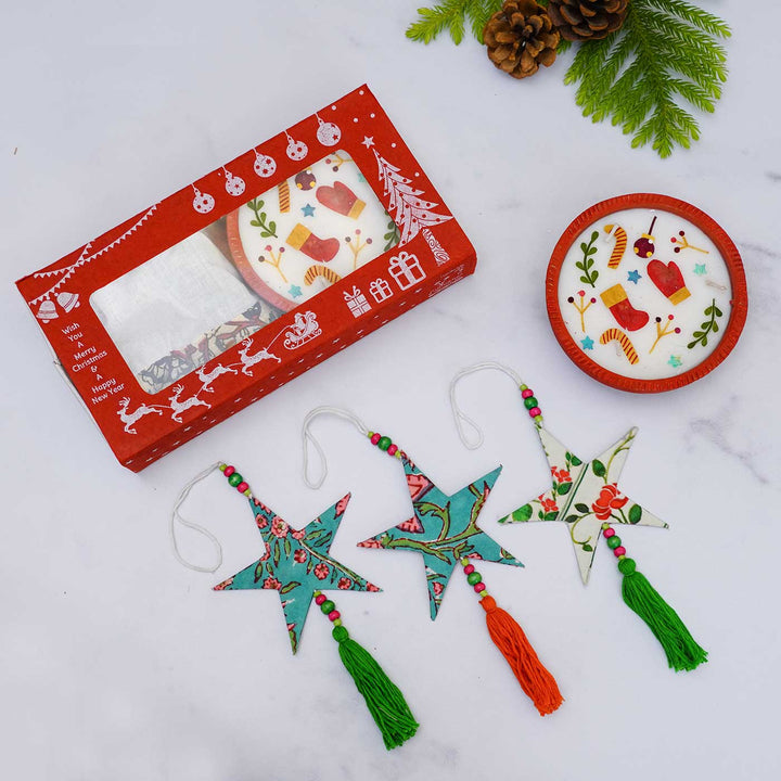 Handmade Soy Wax & Pressed Flower Terracota Candles & Hangings For Christmas Decoration | Set Of 2