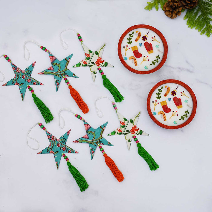 Handmade Soy Wax & Pressed Flower Terracota Candles & Hangings For Christmas Decoration | Set Of 2
