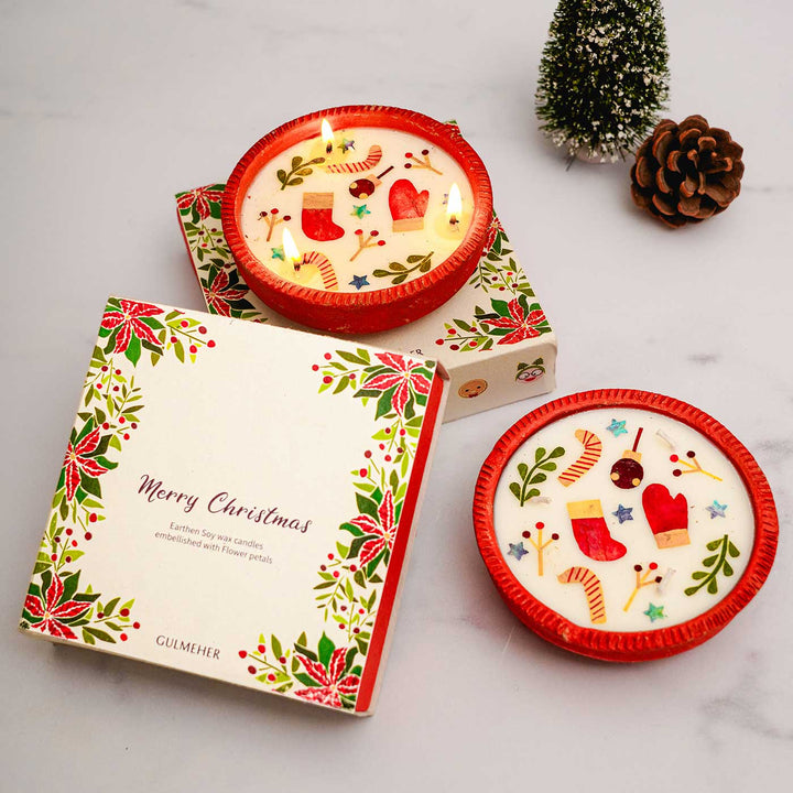 Handmade Soy Wax & Pressed Flower Terracota Candles For Christmas Decoration | Set Of 4