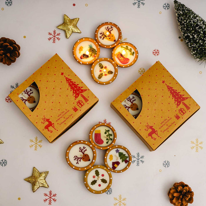 Handmade Soy Wax & Pressed Flower Terracota Tealight Candles For Christmas Decoration | Set Of 24