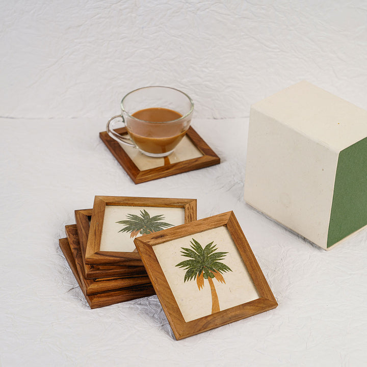 Set of 6 | Handcrafted Framed Teak Wood Coaster With Pressed Dry Flower Artwork
