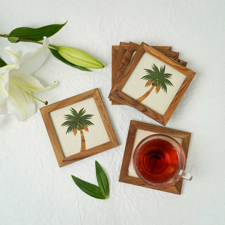 Set of 6 | Handcrafted Framed Teak Wood Coaster With Pressed Dry Flower Artwork