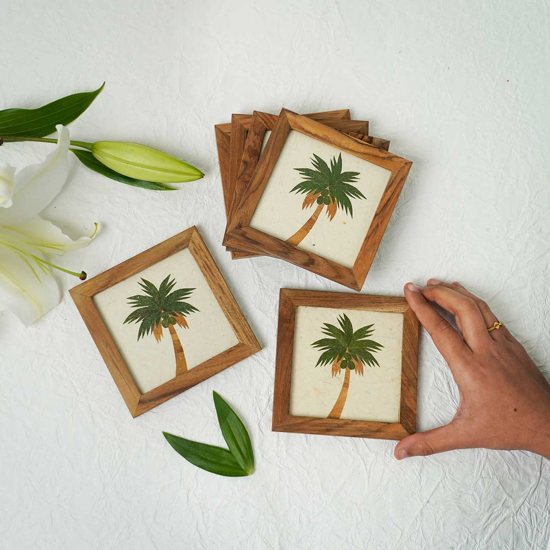 Set of 6 | Handcrafted Framed Teak Wood Coaster With Pressed Dry Flower Artwork