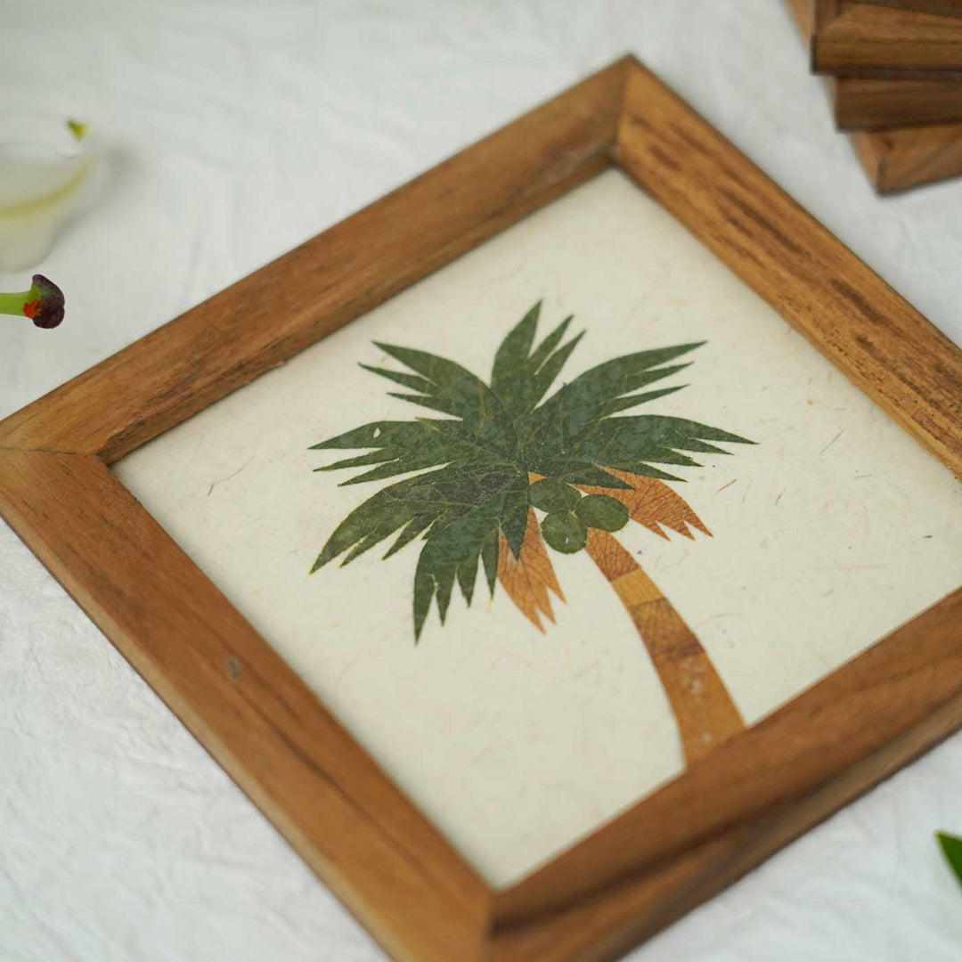 Set of 6 | Handcrafted Framed Teak Wood Coaster With Pressed Dry Flower Artwork