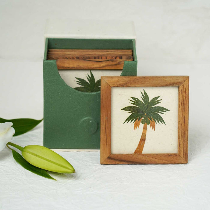 Set of 6 | Handcrafted Framed Teak Wood Coaster With Pressed Dry Flower Artwork