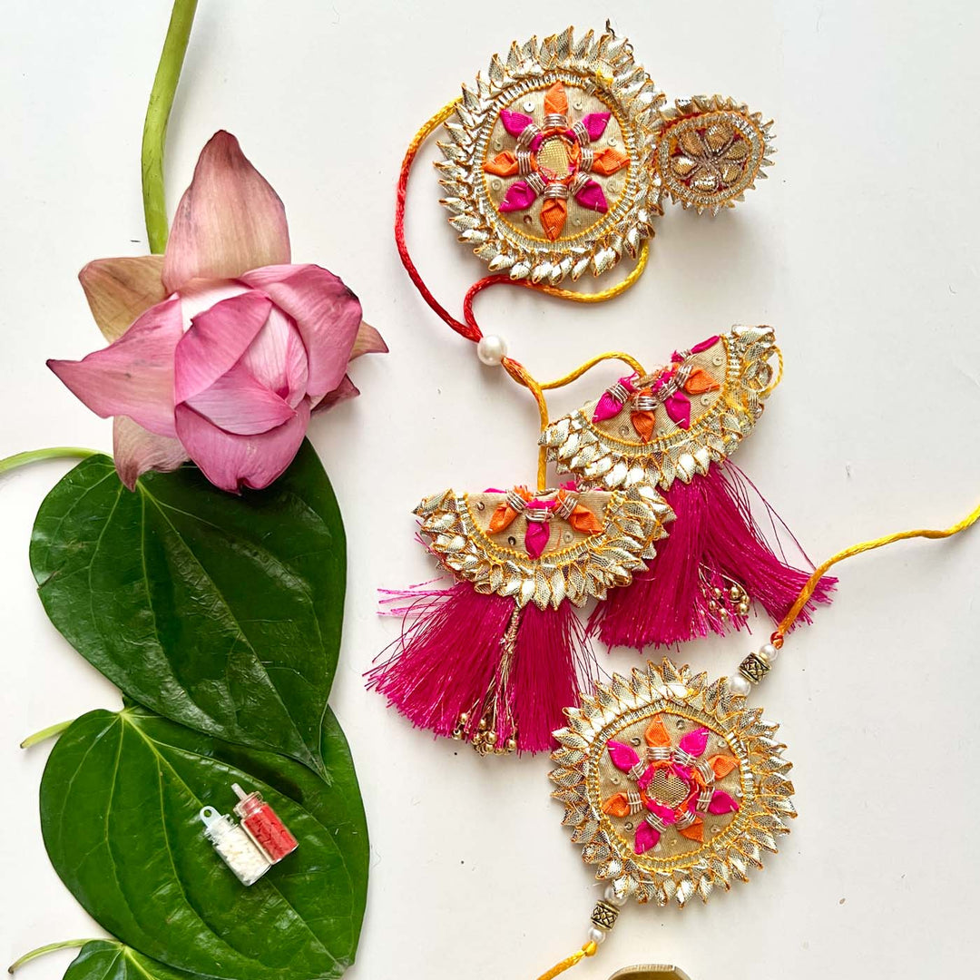 Handcrafted Gota Patti "Gulshan" Couple Rakhi, Lumba & Haathphool Set With Roli Chawal for Bhaiya Bhabhi