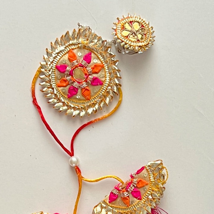 Handcrafted Gota Patti "Gulshan" Couple Rakhi, Lumba & Haathphool Set With Roli Chawal for Bhaiya Bhabhi