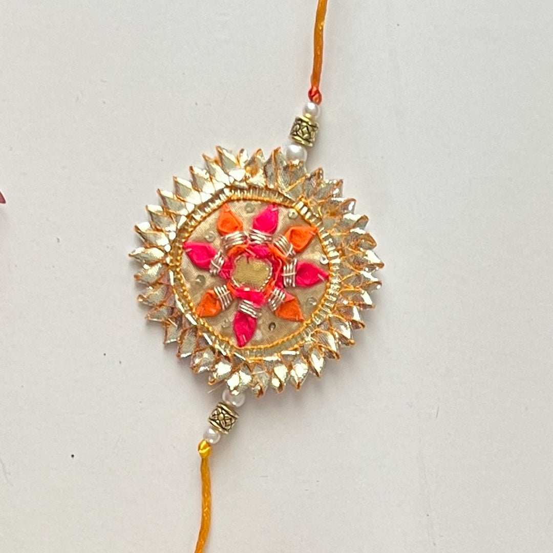 Handcrafted Gota Patti "Gulshan" Couple Rakhi, Lumba & Haathphool Set With Roli Chawal for Bhaiya Bhabhi