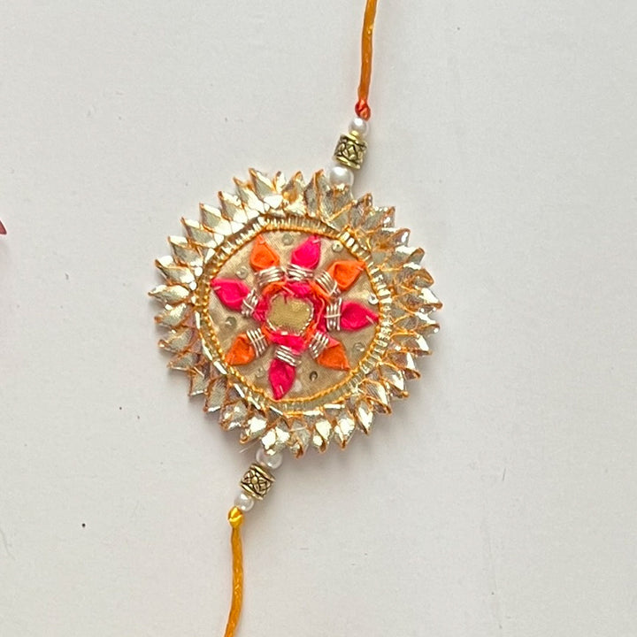 Handcrafted Gota Patti "Gulshan" Couple Rakhi, Lumba & Haathphool Set With Roli Chawal for Bhaiya Bhabhi