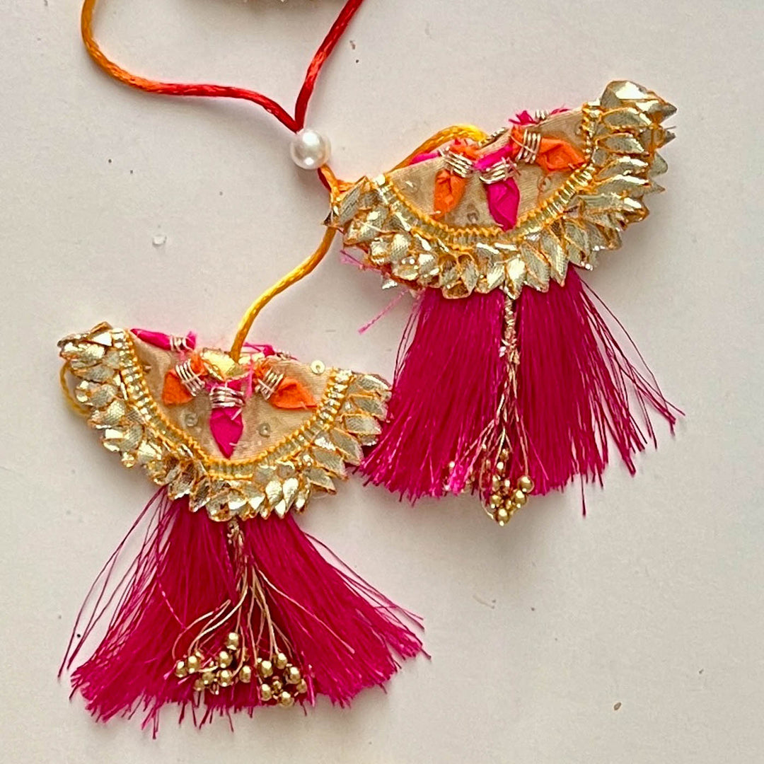 Handcrafted Gota Patti "Gulshan" Couple Rakhi, Lumba & Haathphool Set With Roli Chawal for Bhaiya Bhabhi