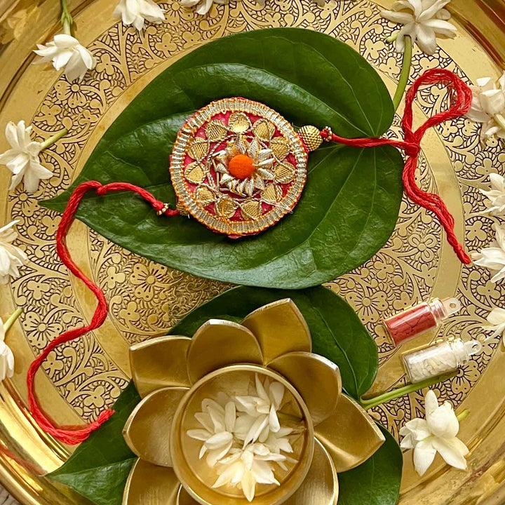 Handcrafted Gota Patti "Gulzaar" Rakhi With Roli Chawal for Brother
