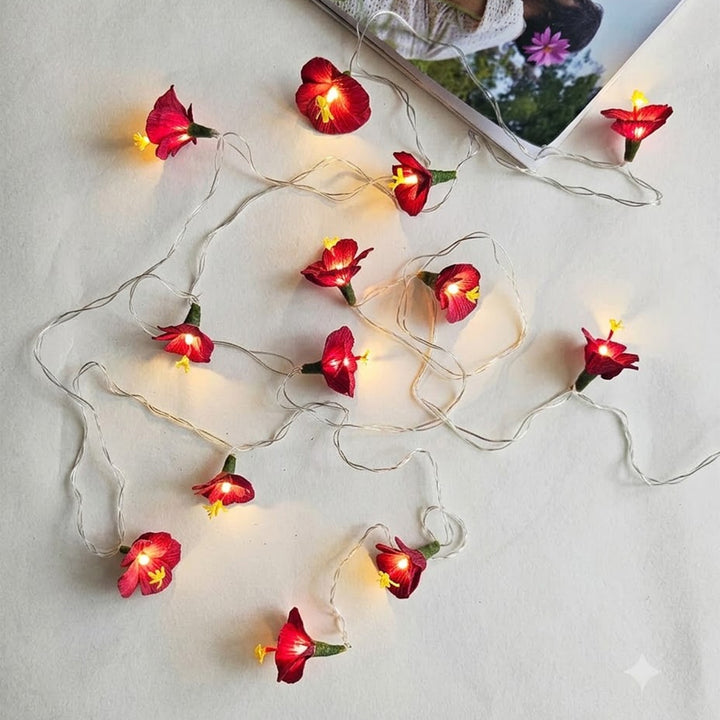 Handmade Hibiscus Arecanut Culm Flower LED Fairy Light For Festive Decor