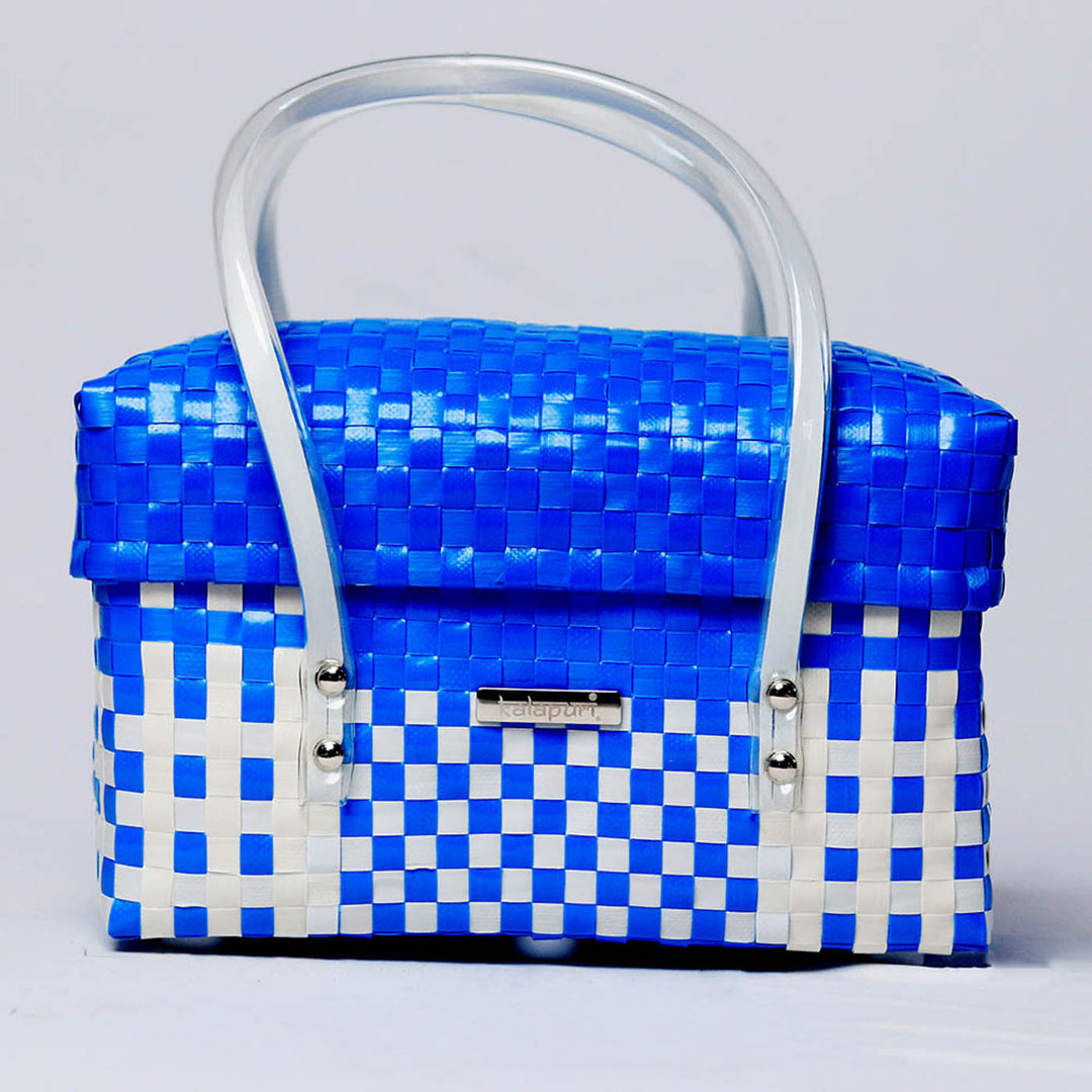 Handwoven Blue & White Checked Utility Organizer Basket With Lid