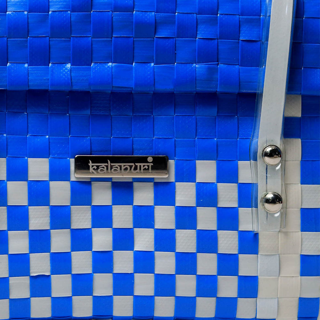 Handwoven Blue & White Checked Utility Organizer Basket With Lid