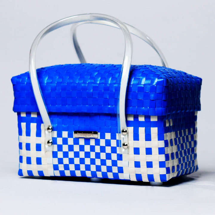 Handwoven Blue & White Checked Utility Organizer Basket With Lid