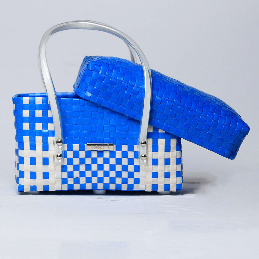 Handwoven Blue & White Checked Utility Organizer Basket With Lid