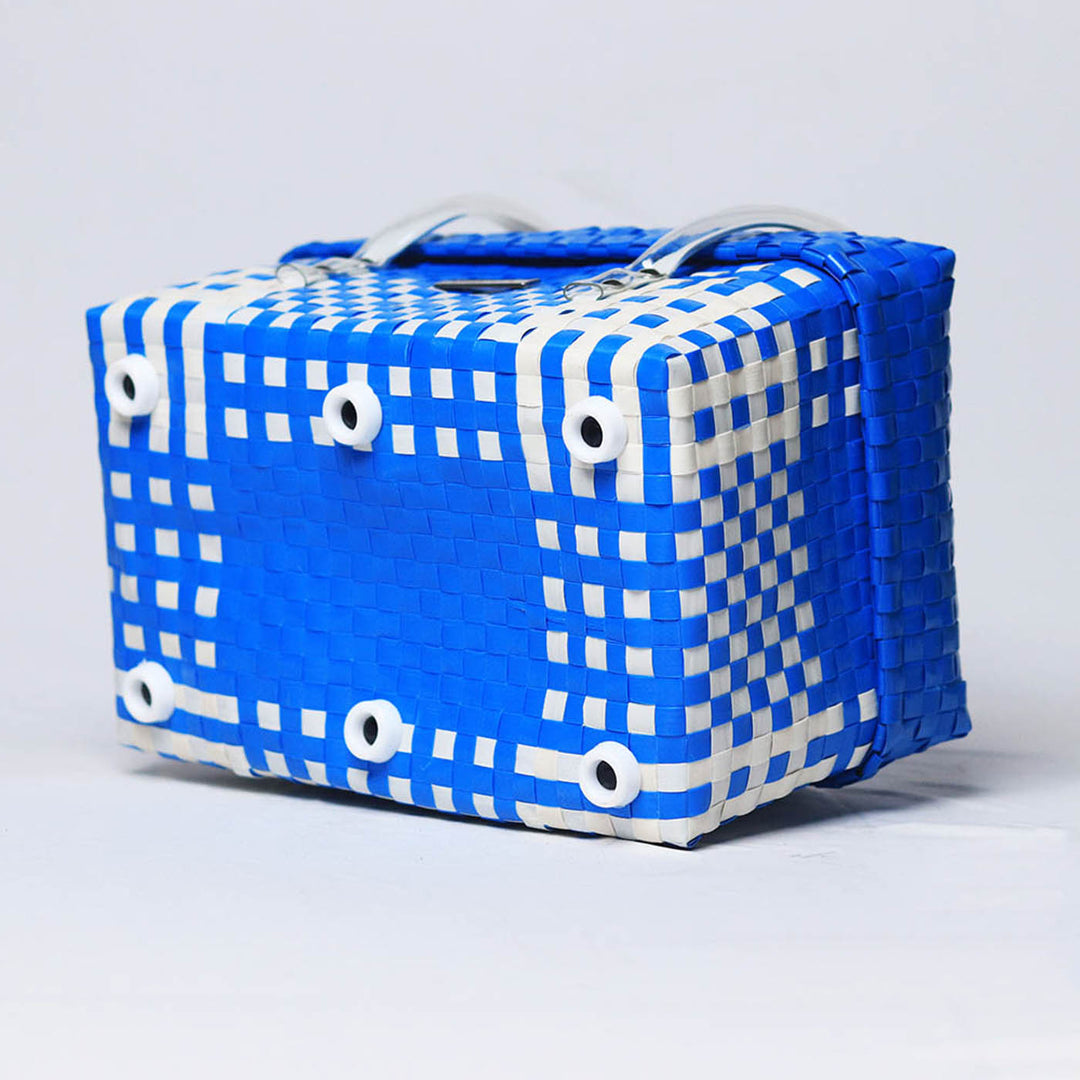 Handwoven Blue & White Checked Utility Organizer Basket With Lid