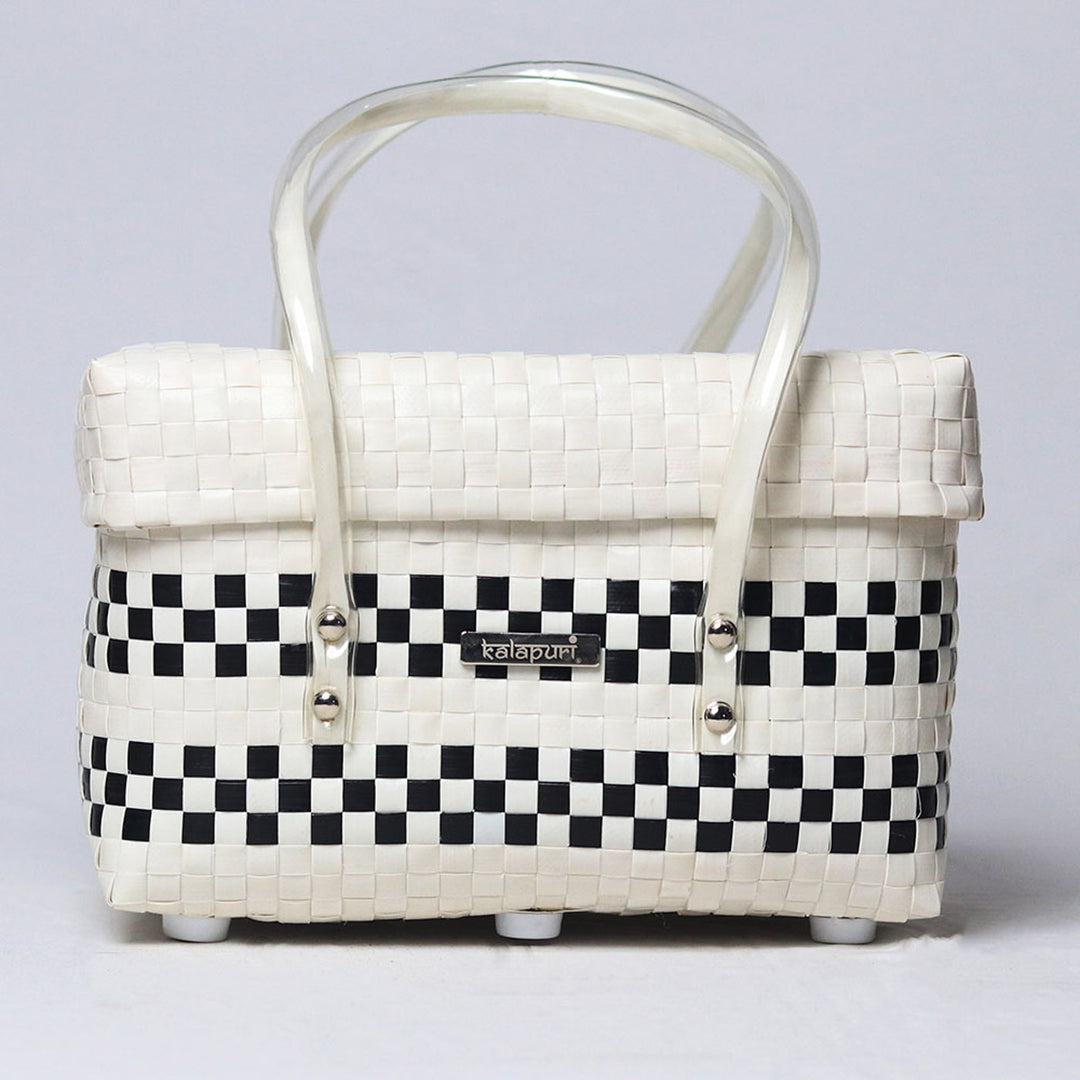 Handwoven Black & White Organiser Basket With Lid