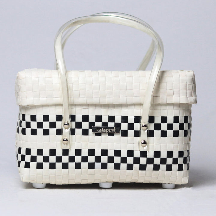 Handwoven Black & White Organiser Basket With Lid