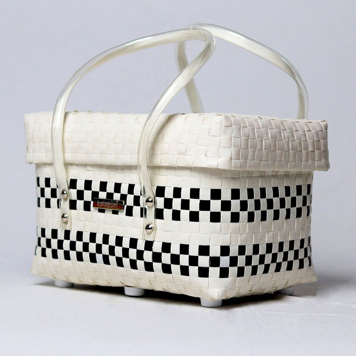 Handwoven Black & White Organiser Basket With Lid